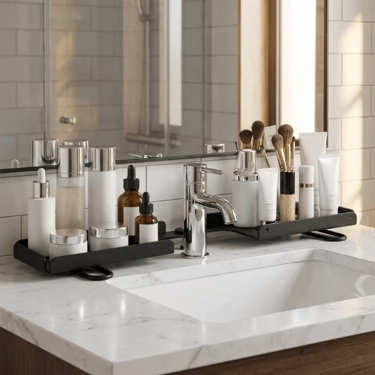 The same sink with the Pivot Shelf holding everything above the basin
