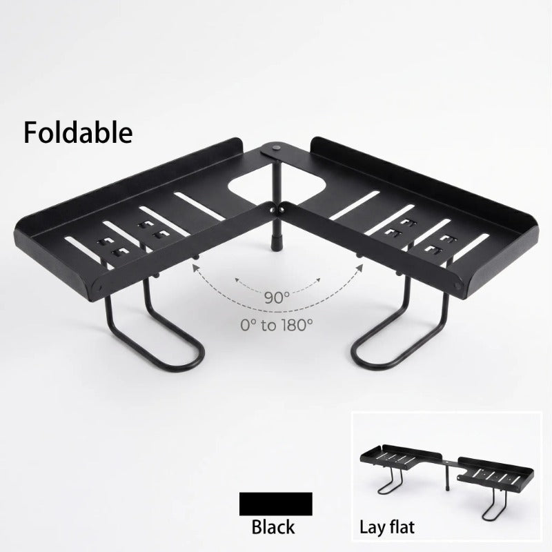Foldable over-faucet shelf organizer in matte black and cream, folding 0 to 180 degrees over a bathroom sink