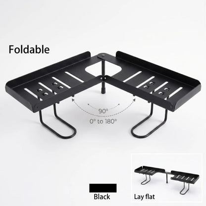 Foldable over-faucet shelf organizer in matte black and cream, folding 0 to 180 degrees over a bathroom sink
