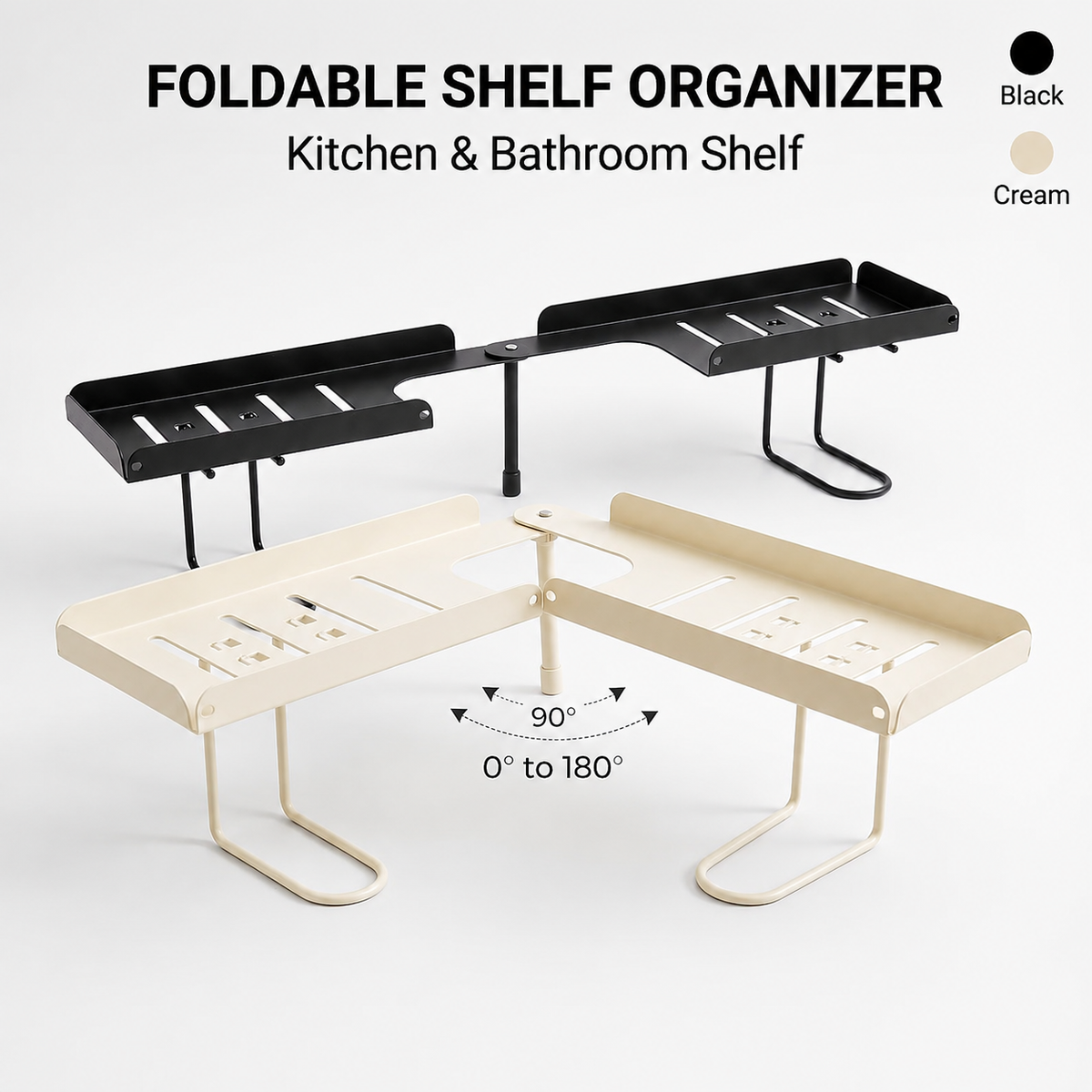 Foldable over-faucet shelf organizer in matte black and cream, folding 0 to 180 degrees over a bathroom sink