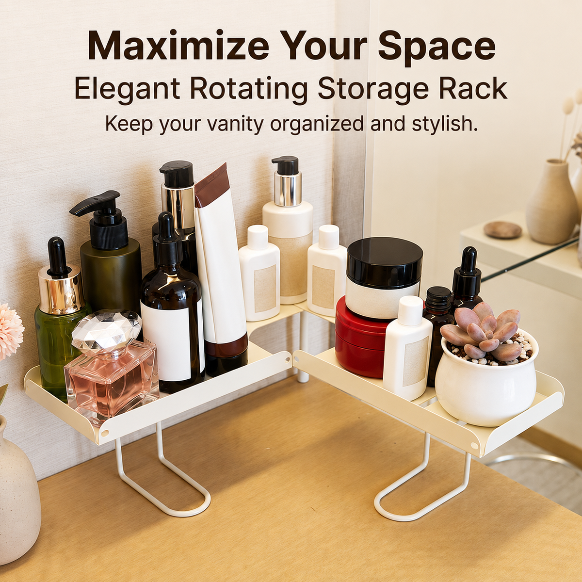 Foldable over-faucet shelf organizer in matte black and cream, folding 0 to 180 degrees over a bathroom sink