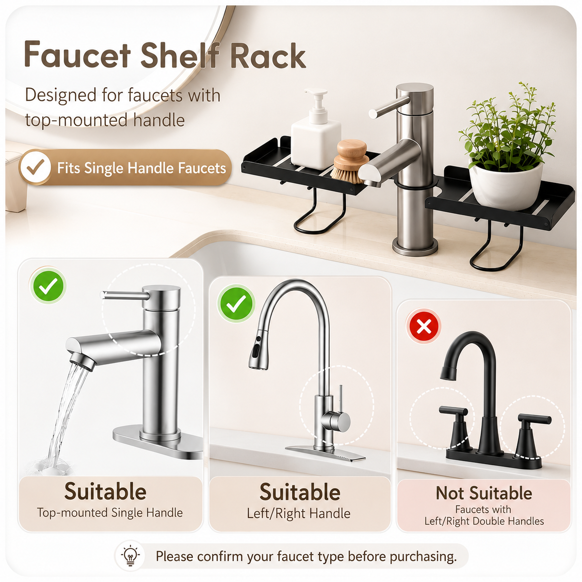 Foldable over-faucet shelf organizer in matte black and cream, folding 0 to 180 degrees over a bathroom sink
