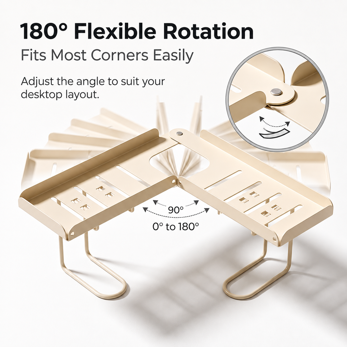 Foldable over-faucet shelf organizer in matte black and cream, folding 0 to 180 degrees over a bathroom sink