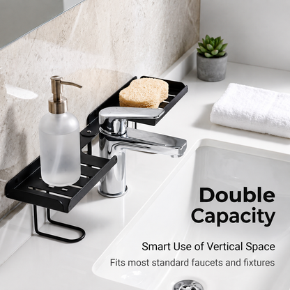 Foldable over-faucet shelf organizer in matte black and cream, folding 0 to 180 degrees over a bathroom sink