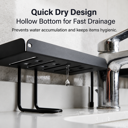 Foldable over-faucet shelf organizer in matte black and cream, folding 0 to 180 degrees over a bathroom sink