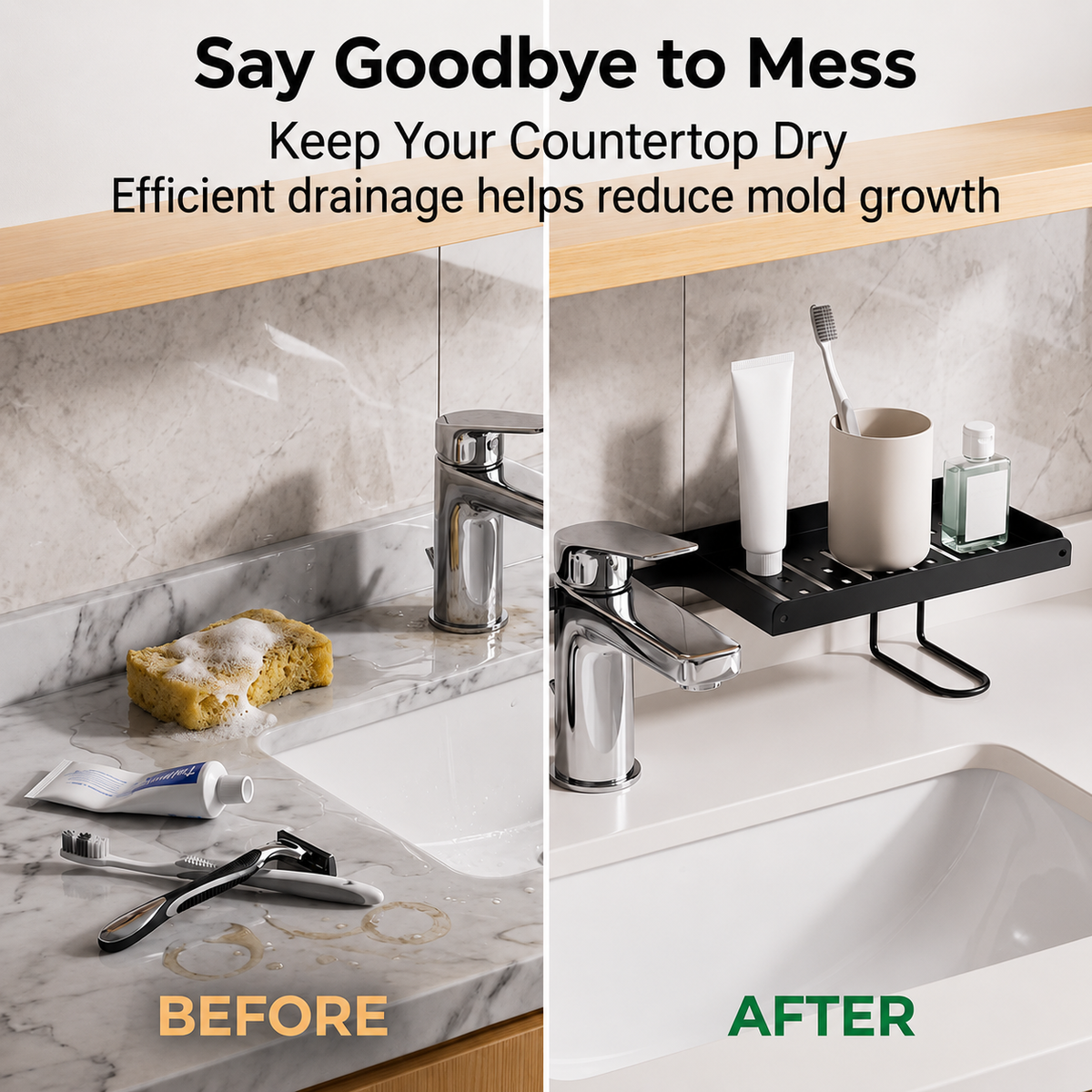 Foldable over-faucet shelf organizer in matte black and cream, folding 0 to 180 degrees over a bathroom sink
