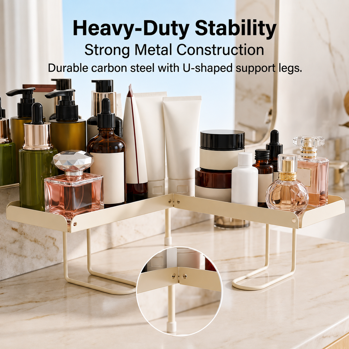 Foldable over-faucet shelf organizer in matte black and cream, folding 0 to 180 degrees over a bathroom sink