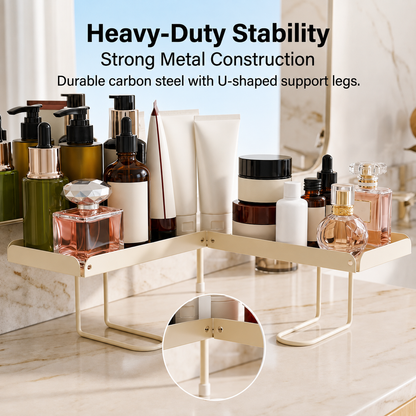 Foldable over-faucet shelf organizer in matte black and cream, folding 0 to 180 degrees over a bathroom sink