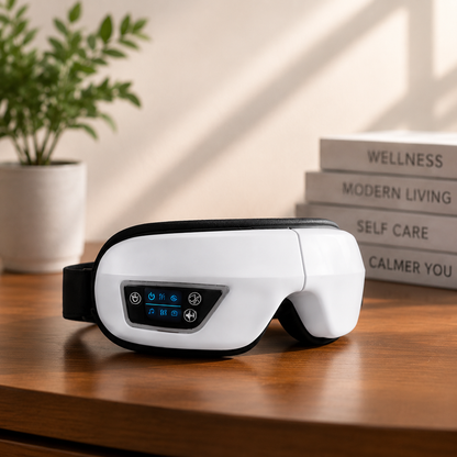 Halcyra Eye Massager resting on a wooden desk beside a plant and a stack of wellness books
