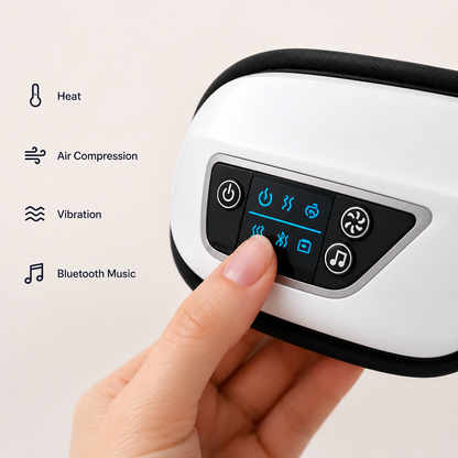 A hand pressing the Halcyra Eye Massager control panel, labelled Heat, Air Compression, Vibration and Bluetooth Music