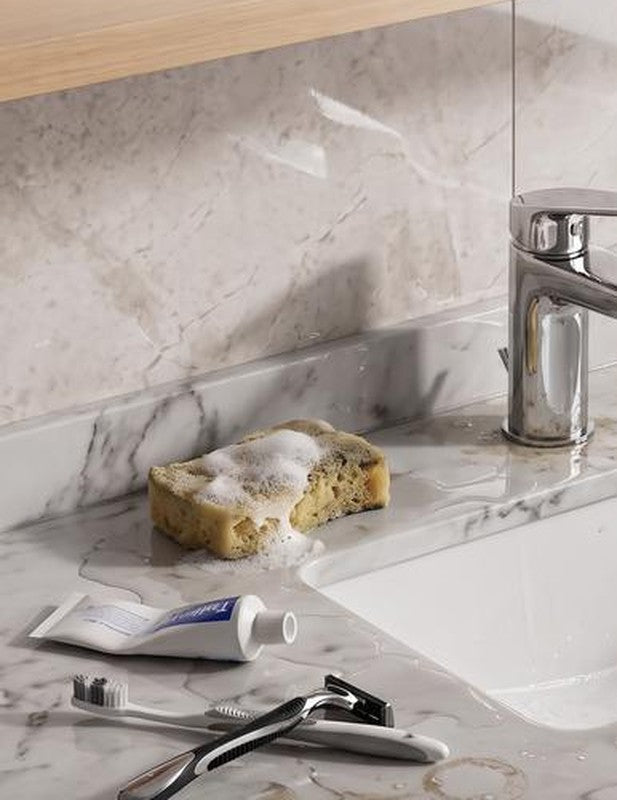 A cluttered sink counter with items lying in standing water